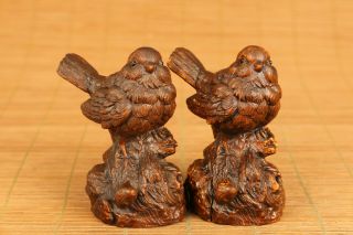 Pair Bird Old Boxwood Lovely Statue Figure Netsuke Hand Piece Table Deco Gift