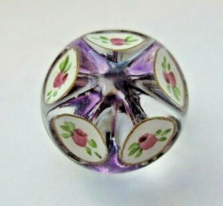 Stunning Antique Vtg Clear Glass Button Hand Painted Enamel Roses 3/4 " (t)