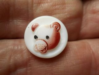White Glass W/ Painted Bear Head Goofy Childrens Vintage Button 9/16 " Rs