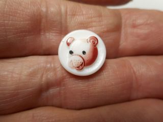 White Glass w/ Painted Bear Head Goofy Childrens Vintage Button 9/16 