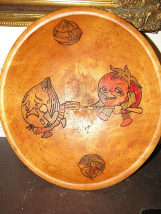 Rare Vtg Seceni Hand Carved Wood Bowl Whimsical Tomato And Onion Fighting 13 "