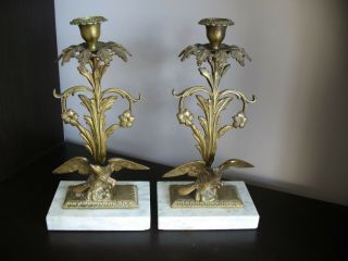 Antique Gilt - Metal Girandole Candlesticks Eagle Figures With Marble Base