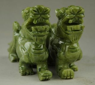 Exquisite Chinese Hand Carved Natural green Jade Dragon Pixiu Statue Pair RT 3
