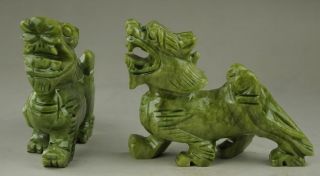 Exquisite Chinese Hand Carved Natural green Jade Dragon Pixiu Statue Pair RT 5