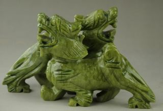 Exquisite Chinese Hand Carved Natural green Jade Dragon Pixiu Statue Pair RT 6