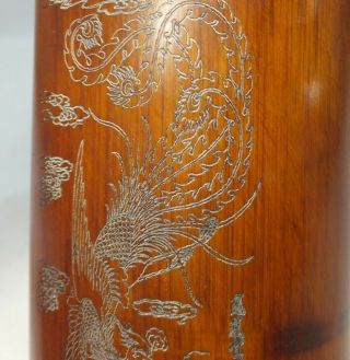 H145: Chinese bamboo carving ware brush pot with good pattern of phoenix 3