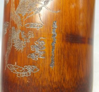 H145: Chinese bamboo carving ware brush pot with good pattern of phoenix 5