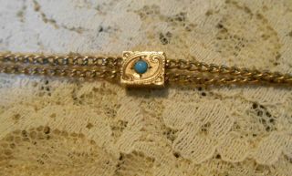 Antique Watch Chain With Etched Slide And Turquoise