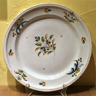 Antique Floral Handpainted Tin - Glazed Delft Charger,  C.  19th Century