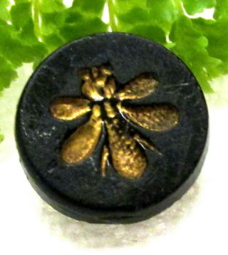 Cute Victorian Black Glass Button W/ Gold Luster Bee Insect A6