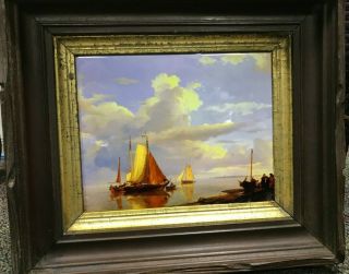 Vintage Ceramic Tile Painting Of Sailing Boat With An Antique Frame.