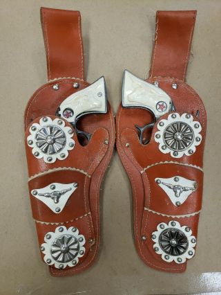 2 Hubley Texan Jr.  Cap Guns & Studded Jeweled Leather Holster