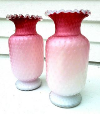 Pair Victorian Pink Satin Glass Ruffled Quilted Vases