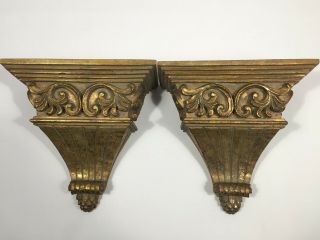 Pair Vintage Wood Wall Pedestal Sconces,  Ornate Corbel Wall Shelf,  10 "