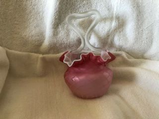 Mt Washington Pink Cased Diamond Quilted Satin Glass Ruffle Vase With Handel