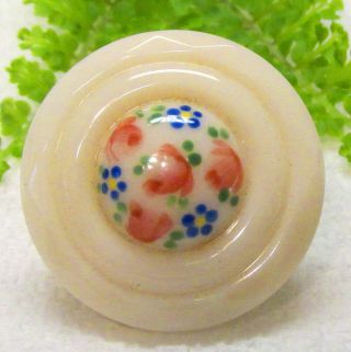 Lovely Vintage Cream Color Glass Button W/ Pink & Blue Flowers A48