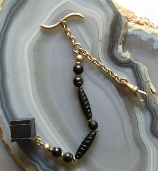 Antique Black Jet Onyx Bead Watch Chain,  Carved Cube Fob,  Mourning