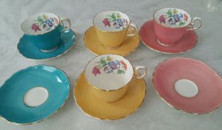 Aynsley 4 Tea/coffee Cup And 6 Saucer With Colorful Bouquet - Bone China England