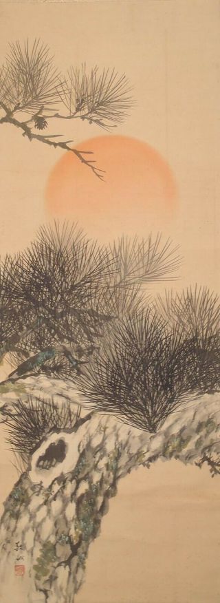 1660 Japanese Hanging Scroll: Pine Tree And Rising Sun