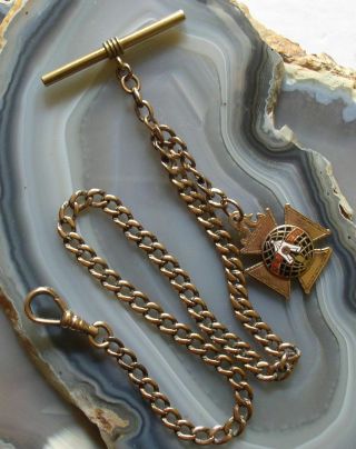 Antique Gold Filled 13″ Pocket Watch Chain,  T - Bar,  Kotm Fob,  Maccabees