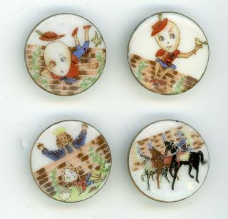 Set Of 4 Lois Calkins Ceramic Buttons Featuring Humpty Dumpty.