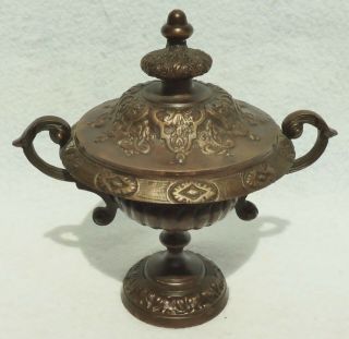 Antique/vtg 7 " Ornate Bronze Brass Repousse Urn Vase Box Lid Handles 5524