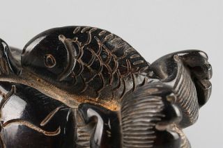 Chinese Exquisite Hand - carved fish Carving OX Horn statue 6