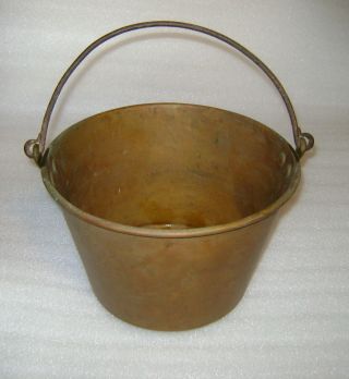 Old Primitive Brass Antique 10 " Bucket Vintage Kettle W/ Wrought Iron Handle 10