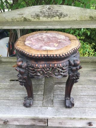 Antique Chinese Small Carved Wood Marble Top Stand Table