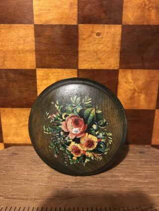 Antique 19th Century John Clark Junr Sewing Thread Box Round Wood Rose Floral