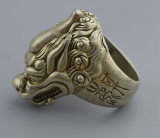 Collectable Handwork Decor Old Miao Silver Carve Unicorn Exorcism Amulet Rings