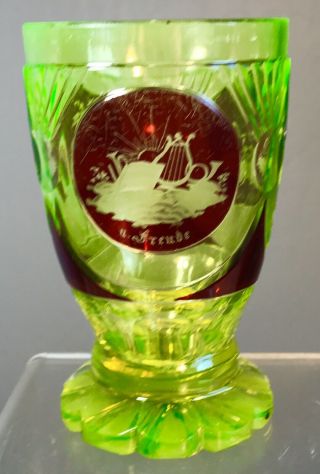 Antique Barvarian Bohemian Commemorative Etched Vaseline Glass Cup Beaker