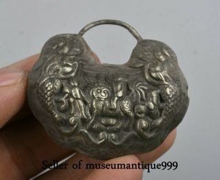 5cm Ancient Chinese Silver Dynasty Dragon Qilin Tongzi Lucky Lock Amulet Pendant