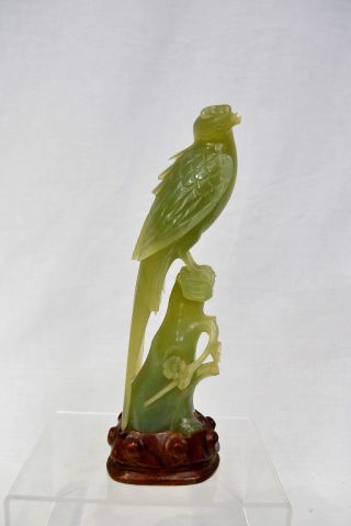 Vintage Chinese Jade Hardstone Bird Phoenix On Wooden Stand