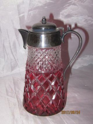 Antique Diamond Ruby Cut To Clear Syrup Jug