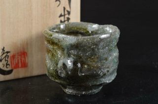 S7863: Japanese Shigaraki - Ware Youhen Pattern Guinomi Sake Cup W/signed Box