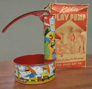 Vintage Ohio Art Tin Litho Kiddies Play Pump Water Pump Fireman Theme W/orig Box