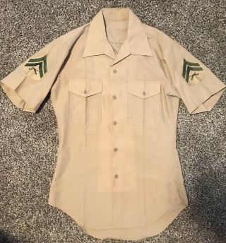 Usmc Mens Marine Corps Short Sleeve Khaki Dress Uniform Shirt Sargent Patch 14.  5
