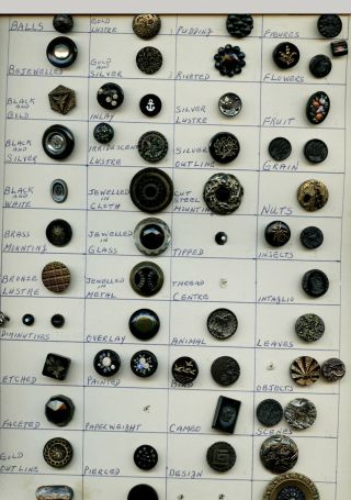 57 Antique Black Glass Buttons With Various Decorations Largest 1 1/4 " 006