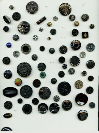 42 Antique Black Glass Buttons With Various Decoration Largest 1 1/4 " 004