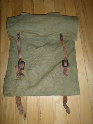 Vtg Army Green Canvas Leather Rucksack Backpack Military Camping