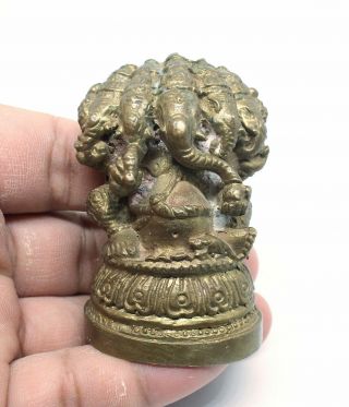 Lord Ganesha 5 Face For Wealth Lucky Success Old Brass Statue Thai Buddha Amulet 2