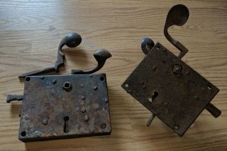 2 Antique American Iron Door Locks & Handles 19th Century Architectural