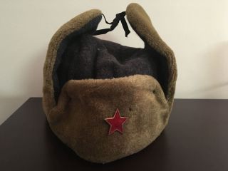 Kb) Soviet Union Warsaw Pact Winter Ear Flap Army Military Wool Green Hat Cap