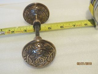 Antique Vintage Set Of Ornate Brass Door Knobs & Spindle