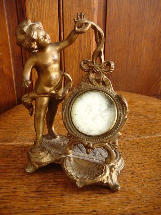 Antique Gold Finish Cast Metal Figural Cupid Clock Case 6.  5 " - Vg - No