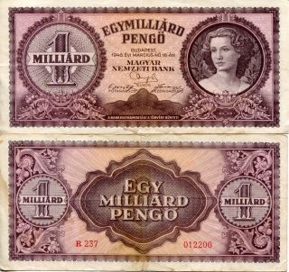 Banknote 1946 Republic Hungary Hungarian 1000000000 Pengo Tildy 1 Billion
