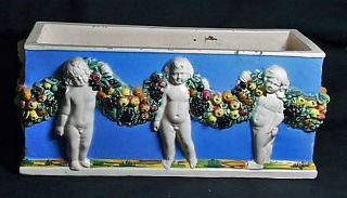 Antique Signed Italian Majolica Floral Wreath And Puti Rectangular Planter