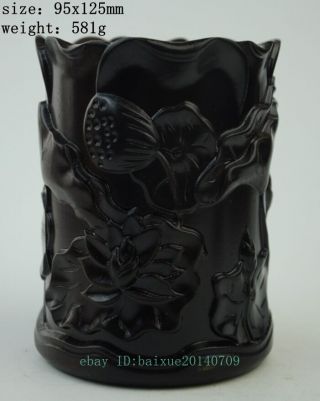 China Rosewood Wood Carved Lotus Flower Leaves Brush Pot Pencil Vase Statue E01