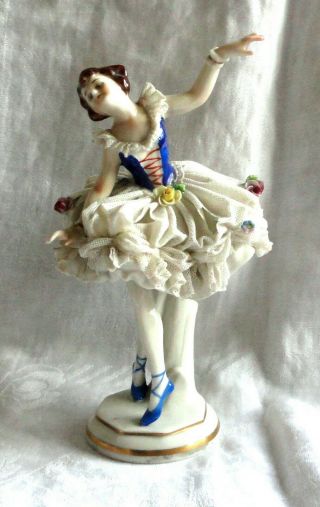 Large Dresden Old Volkstedt Germany Ballerina Girl In Blue W/rose Lace Figurine